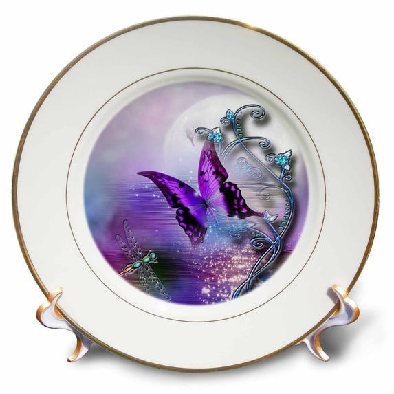 3dRose, Butterfly Dragonfly, and Magical accents, 8 inch Porcelain Plate
