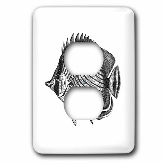 3dRose, Butterfly fish - Tropical Fish vintage black and white illustration, 2 plug outlet cover