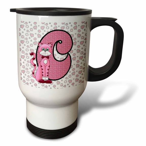 3dRose, C is for Cat in Pink for Girls Baby and Kids Monogram C in Animal Prints, 14oz Stainless Steel Travel Mug