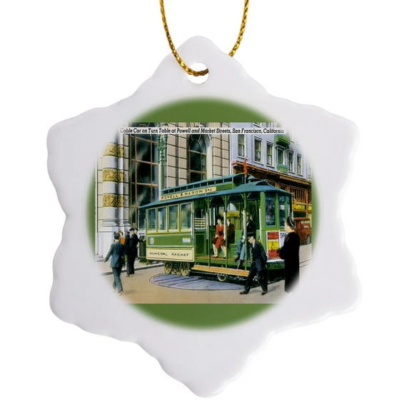 3drose, Cable Car on Turn Table at Powell and Market Streets, San Francisco, California, 3 inch Snowflake Porcelain Ornament