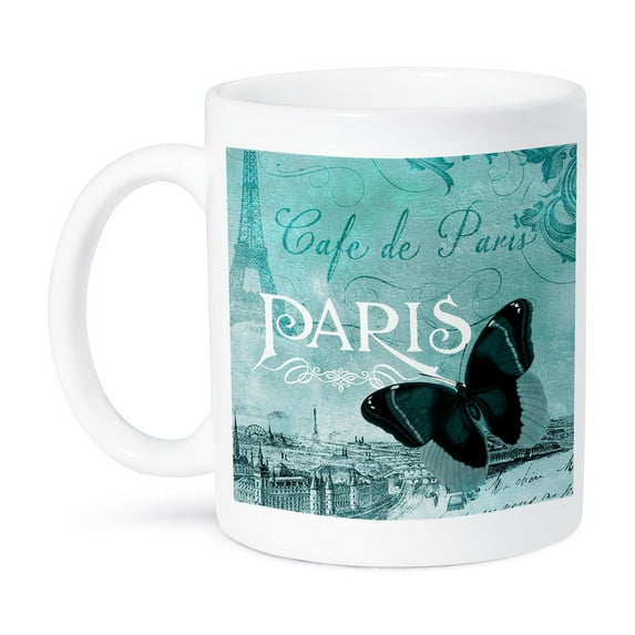 3dRose, Café de Paris Teal Butterfly vintage art, 11oz Mug
