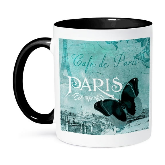 3dRose, Café de Paris Teal Butterfly vintage art, 11oz Two-Tone Black Mug