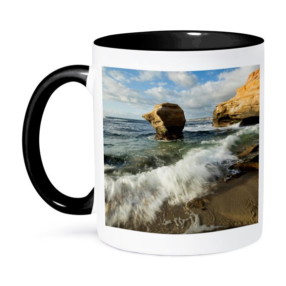 3dRose, California, La Jolla. Ocean tide rushes in on Childrens Pool Beach., 11oz Two-Tone Black Mug