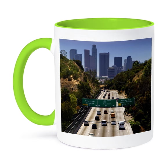 3dRose, California, Los Angeles. Freeway and skyscrapers - US05 BJA0424 - Jaynes Gallery, 11oz Two-Tone Green Mug