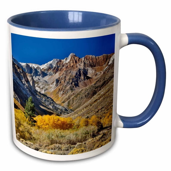3drose, California, Mcgee Creek. Road and Mountains with Autumn Cottonwoods 1, 11oz Two-tone Blue Mug