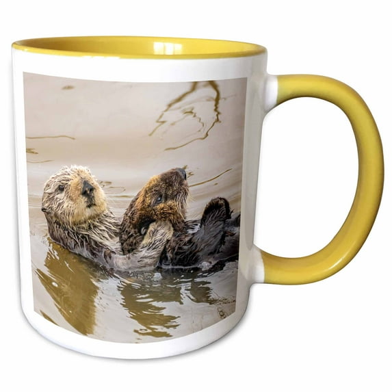 3drose, California, Morro Bay. Sea Otter Mother and Pup in Water., 11oz Two-tone Yellow Mug