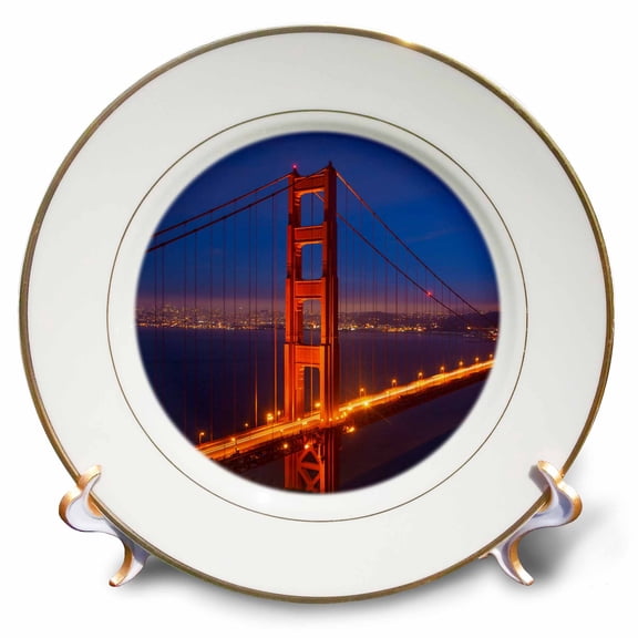 3dRose, California, San Francisco. Golden Gate Bridge lit at night., 8 inch Porcelain Plate