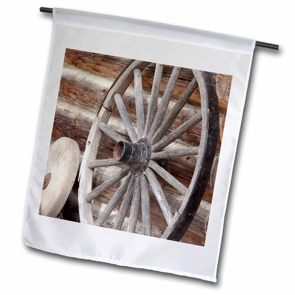 3dRose, Canada, Fort Steele. Wagon wheel, grinding stone, and log cabin. , 12 x 18 inch Garden Flag