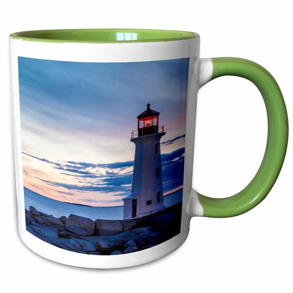 3drose, Canada, Nova Scotia, Peggys Cove. Peggys Point Lighthouse., 11oz Two-tone Green Mug
