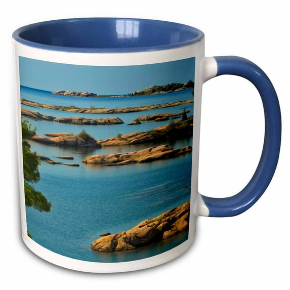3drose, Canada, Ontario, Honey Harbour. Precambrian Rock on Georgian Bay., 11oz Two-tone Blue Mug