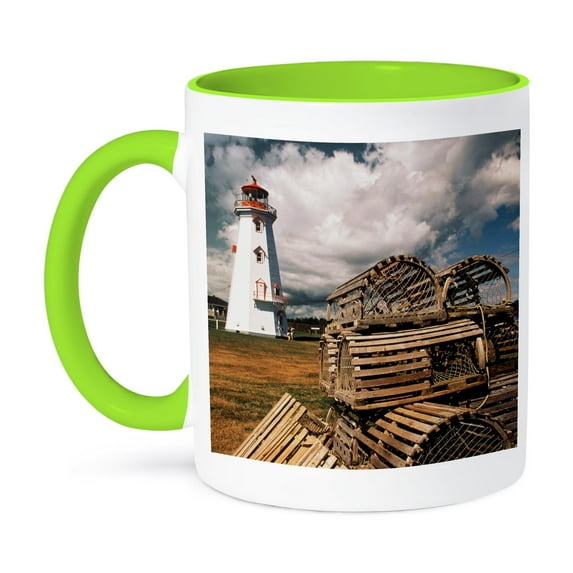 3dRose, Canada, Prince Edward Island, East Point Lighthouse and lobster traps, 11oz Two-Tone Green Mug