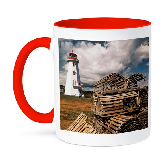 3dRose, Canada, Prince Edward Island, East Point Lighthouse and lobster traps, 11oz Two-Tone Red Mug