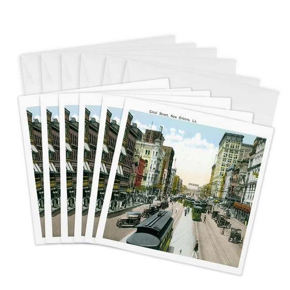 3dRose, Canal Street New Orleans, Louisiana, Antique Cars, Cable Car, 6 Greeting Cards with envelopes