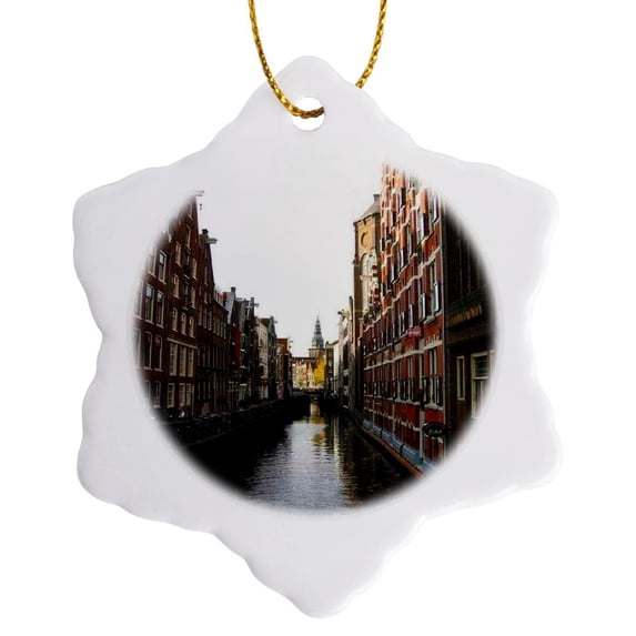 3drose, Canals in Amsterdam, 3 inch Snowflake Porcelain Ornament
