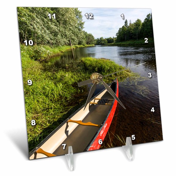3dRose, Canoe on the banks of the Mattawamkeag River in Wytipitlock, Maine., 6x6 Desk Clock