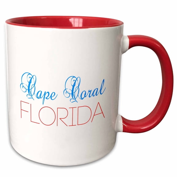 3drose, Cape Coral, Florida Blue, Red Text. Patriotic Home Town Cool Design, 15oz Two-tone Red Mug