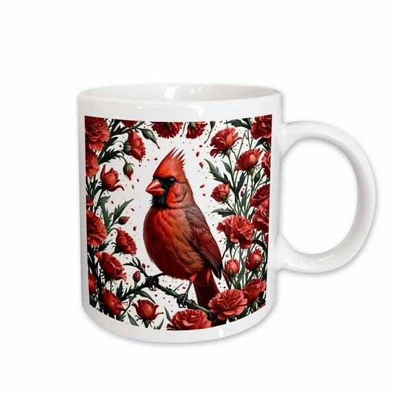 3drose, Cardinal Bird Surrounded by Scarlet Red Carnations, 15oz Mug