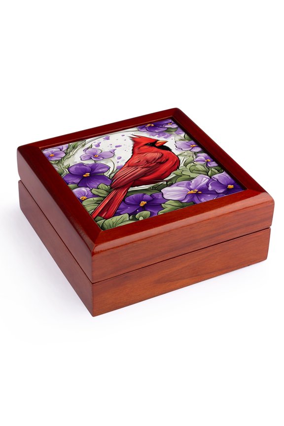 , Cardinal Bird Surrounded By Violet Viola Flower Border, Jewelry Box 5.5x5.5 inch with 4 inch tile