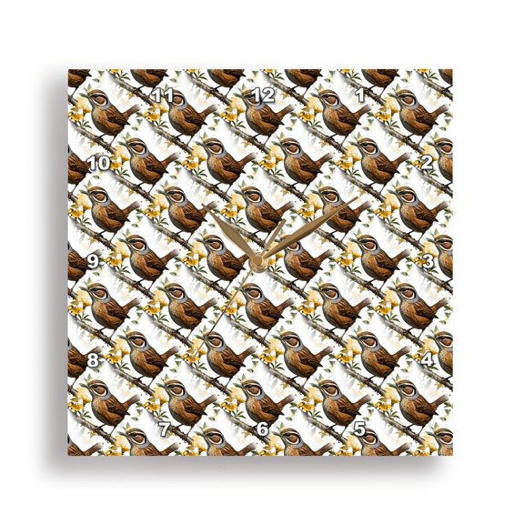 3dRose, Carolina Wren Surrounded By Yellow Jessamine Pattern, 15x15 Wall Clock