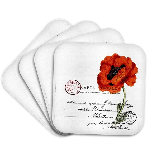 3dRose, Carte Postale Vintage Poppy, set of 4 Coasters - Soft