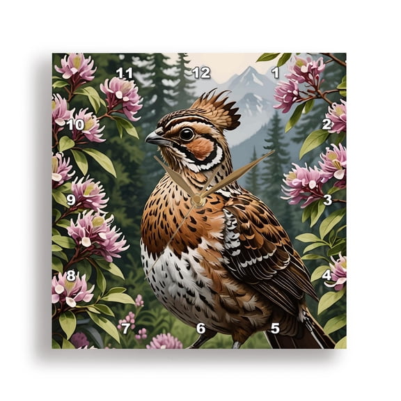 3drose, Cartoon of a Ruffed Grouse Surrounded by Mountain Laurel Flowers, 10x10 Wall Clock