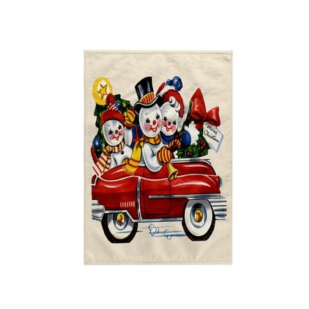 3dRose, Cartoon Snow People Family in Red Car with Christmas Tree and Wreath, 15x22 Hand Towel