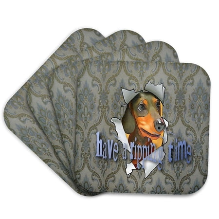 3drose, Cartoon Style Dachschund Have a Ripping Time Greeting, Set of 4 Coasters - Soft