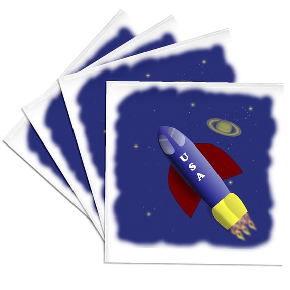 3dRose, Cartoon USA rocket ship headed into space, Set of 4 Ceramic Tile Coasters