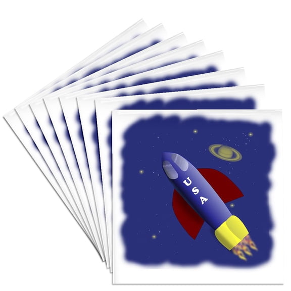 3dRose, Cartoon USA rocket ship headed into space, Set of 8 Ceramic Tile Coasters