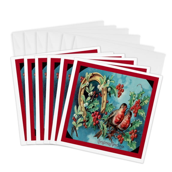 3drose, Cartoon of Birds Perched on Holly with Good Luck Horse Shoe, 6 Greeting Cards with Envelopes