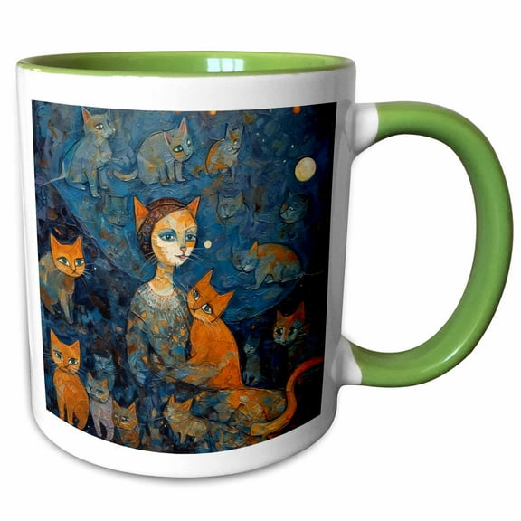 3drose, Cat Person with Her Cats in the City, 15oz Two-tone Green Mug