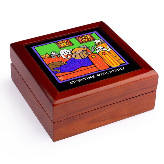3dRose, Cat Story Time, Cartoon Cats, Cats, Cat, Funny cats, Kittens. Pets, Funny Pets, Animals, Jewelry Box 5.5x5.5 inch with 4 inch tile