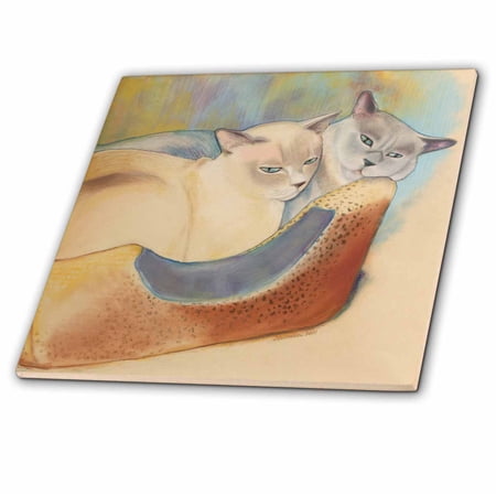 3dRose Cats two cats Tonkinese cats cuddling pastel painting pet portrait cats cat bed - Ceramic Tile, 6-inch