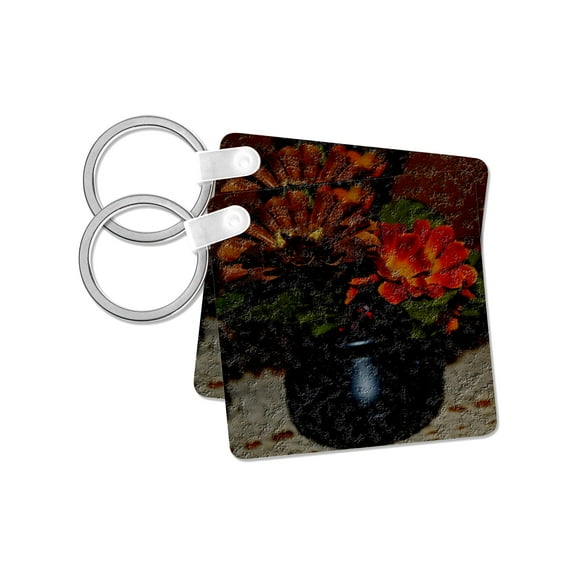3dRose, Cauldron with fall colored flowers, set of 2 Key Chains