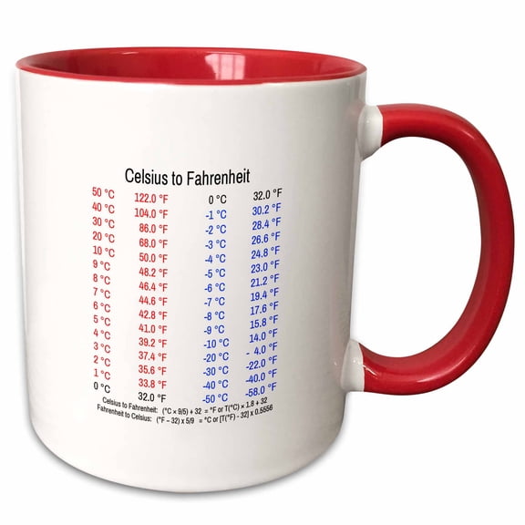 3drose, Celsius to Fahrenheit Temperature Conversion Chart and Formulas, 15oz Two-tone Red Mug