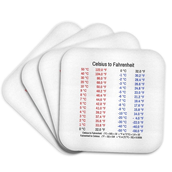 3drose, Celsius to Fahrenheit Temperature Conversion Chart and Formulas, Set of 4 Coasters - Soft