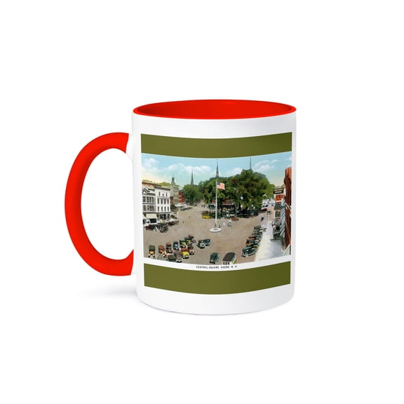 3dRose, Central Square, Keene Hew Hampshire Ariel View with Antique Cars, 11oz Two-Tone Red Mug