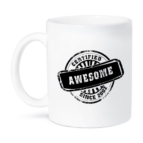 3dRose, Certified Awesome since 2002 - funny birthday personal birth year black stamp - fun humor humorous, 11oz Mug