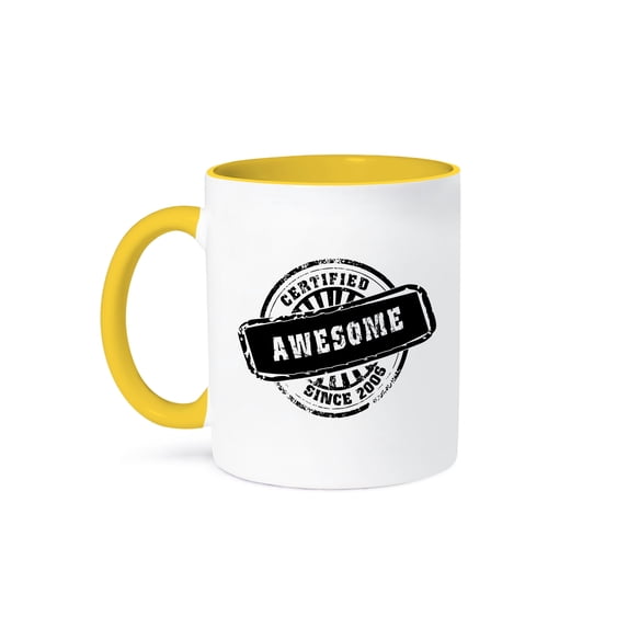 3dRose, Certified Awesome since 2006 - funny birthday personal birth year black stamp - fun humor humorous, 15oz Two-Tone Yellow Mug