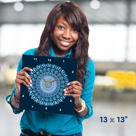 3dRose, Cerulean blue floral mandala on navy blue background, 13x13 Wall Clock