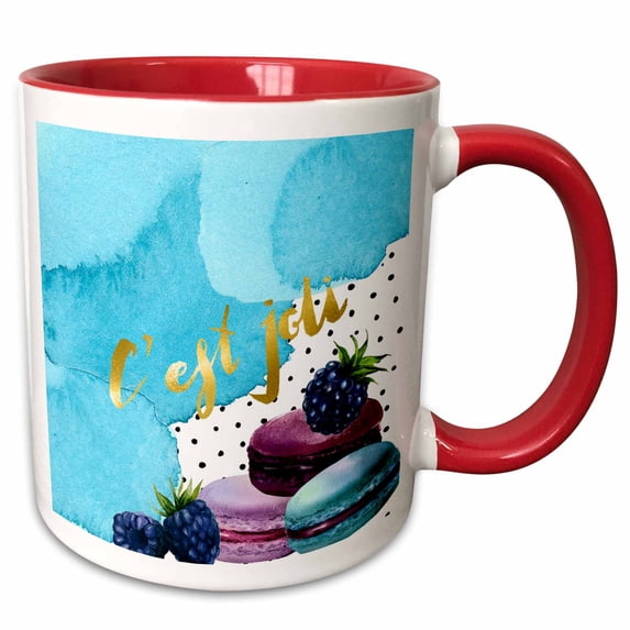 3drose, Cest Jolie - Cute Macarons Berries and Gold Typography Illustration, 11oz Two-tone Red Mug