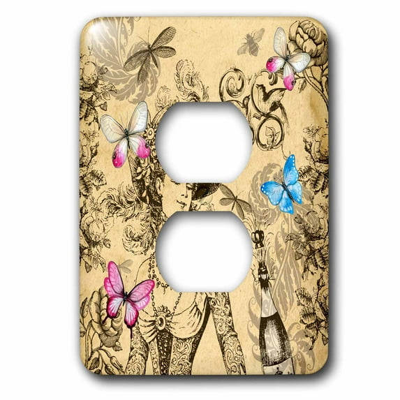 3dRose, Champagne and Roses- Vintage French Design With Butterflies, 2 plug outlet cover