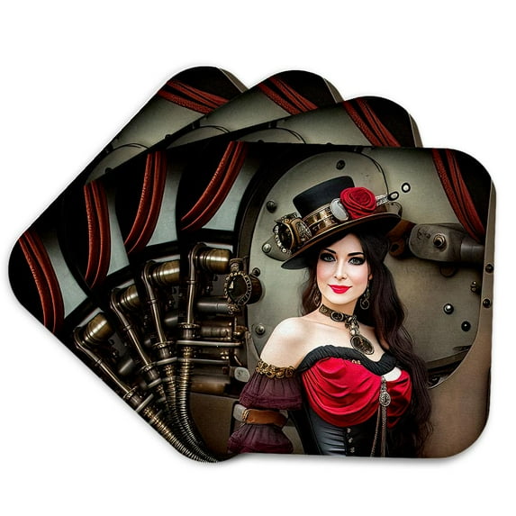 3drose, Charming Fantastic Brunette in Fancy Hat and Chic Dress. Funny Gift, Set of 4 Coasters - Soft