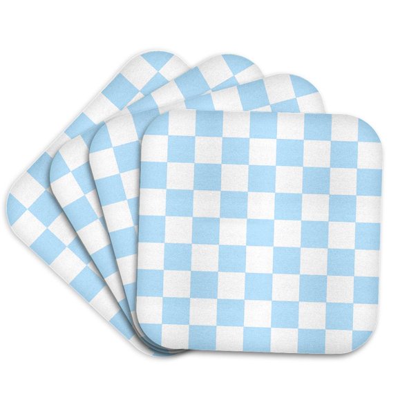 3dRose, Checkered light blue and white squares pattern - baby pastel check checked checkerboard chessboard, Set of 4 Coasters - Soft