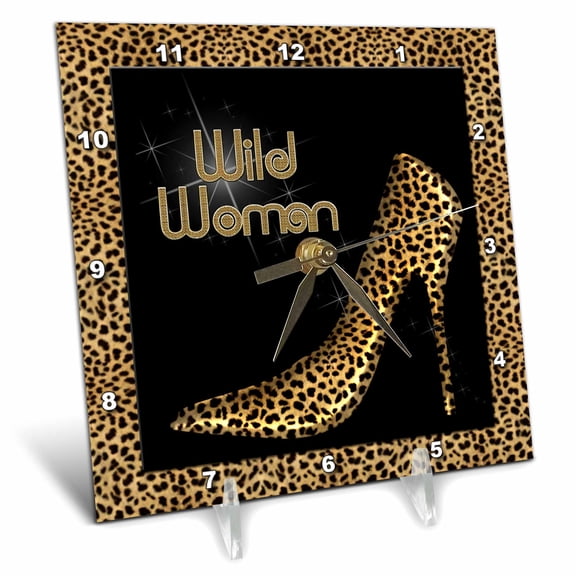 3dRose, Cheetah Print Wildl Woman Stiletto Pump and Diamond Bling, 6x6 Desk Clock