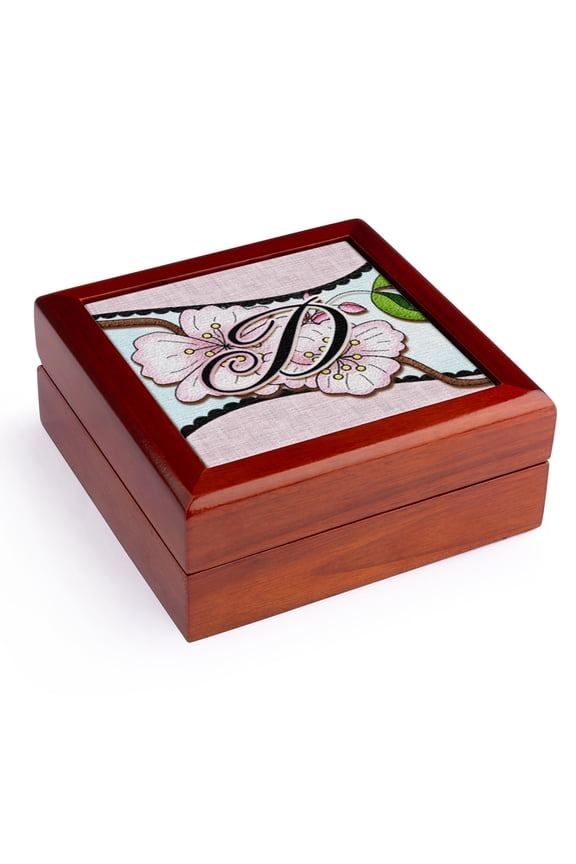 , Cherry Blossom Flower Monogram Initial D, Jewelry Box 5.5x5.5 inch with 4 inch tile