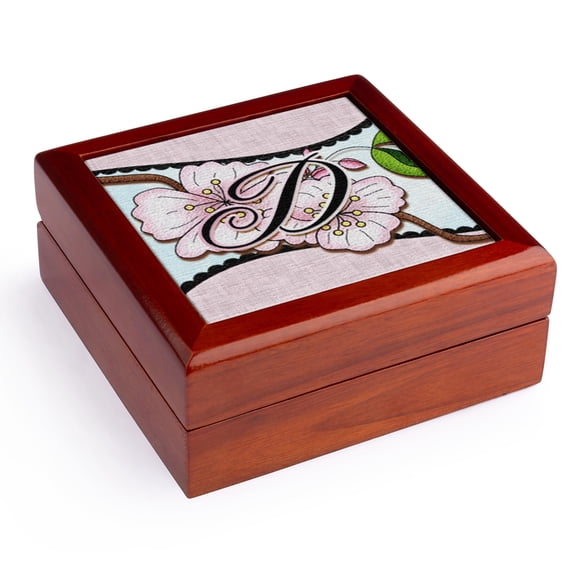3dRose, Cherry Blossom Flower Monogram Initial D, Jewelry Box 5.5x5.5 inch with 4 inch tile