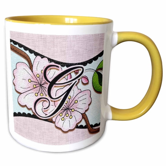 3drose, Cherry Blossom Flower Monogram Initial G, 11oz Two-tone Yellow Mug