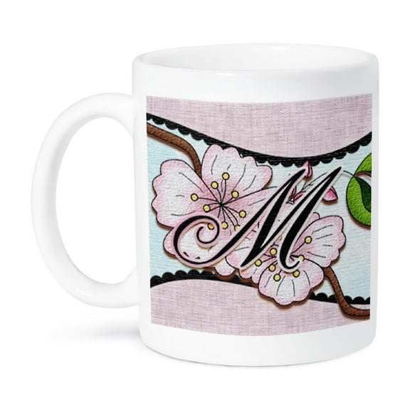 3dRose, Cherry Blossom Flower Monogram Initial M, 11oz Mug