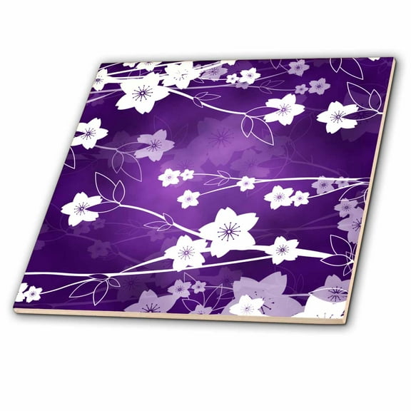 3dRose, Cherry Blossom White on Purple, 12 Inch Ceramic Tile